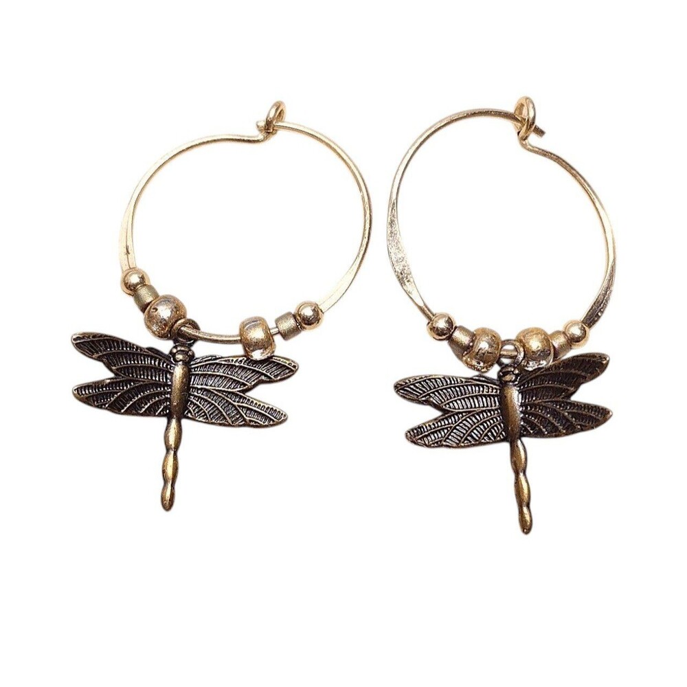 Gold Filled GF Dainty Dragonfly Small Hoop Beaded Earrings